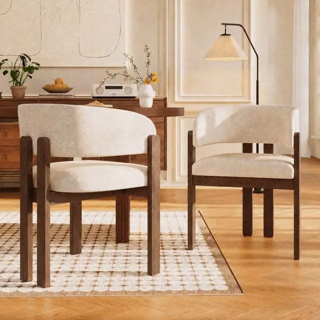 Matteo Set of 2 Solid Wood Dining Chairs with Bouclé Upholstery in Beige and Brown Walnut Finish