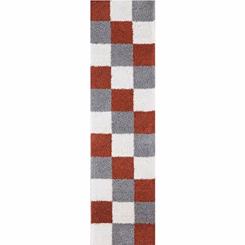 THE RUGS Modern Checked Shaggy Area Rug in Grey and Multicolour, W/D/H: 80 x 300 cm – 5