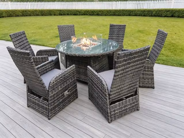 Fimous 6 Seater Rattan Round Dining Set with Gas Fire Pit and Reclining Chairs in Dark Grey