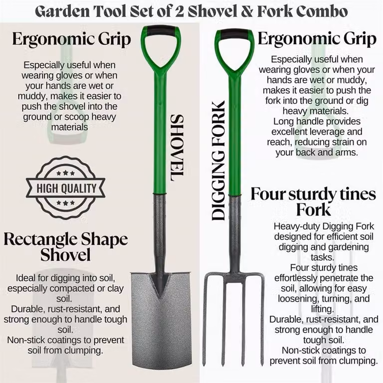 NESTLUNE Garden Fork and Spade Digging Tool Set, Green, Steel