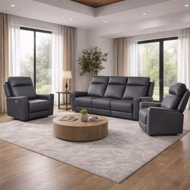 Aspire Rivington Real Leather Power Recliner 3+1+1 Sofa Set with USB Charging in Anthracite Grey