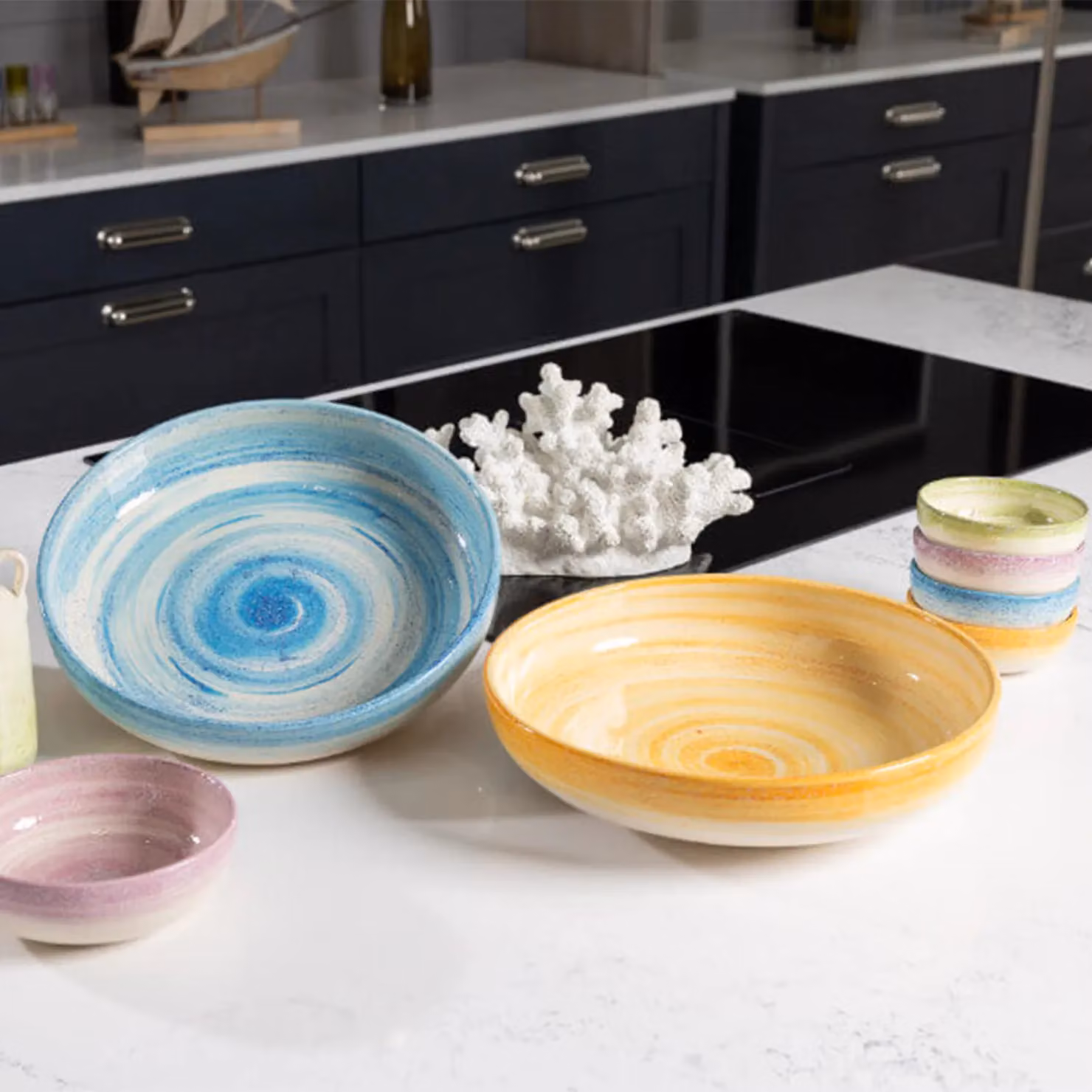 Verano Spanish Ceramics Pastel Beach Hand Painted Ceramic Small Bowl Set of 4 in Lilac and Purple, Diameter: 10 cm – 3