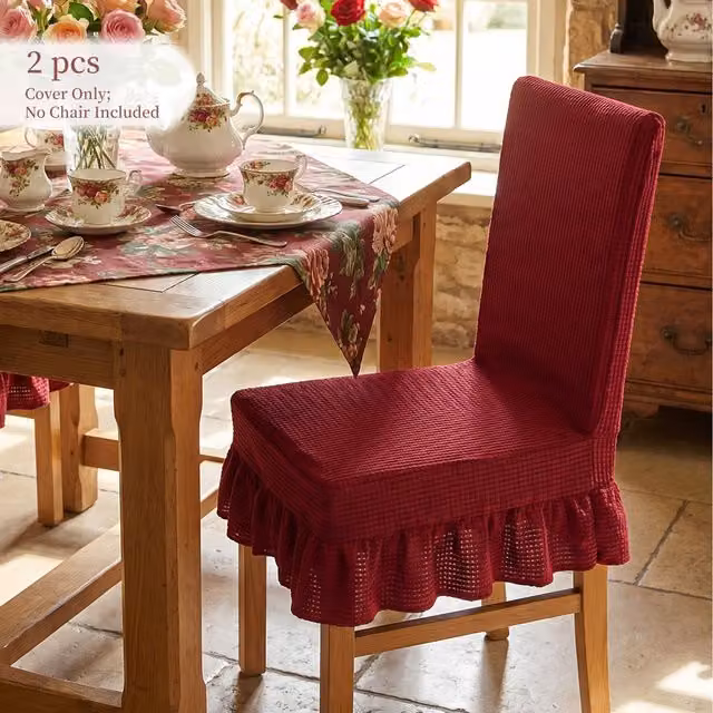 Livingandhome Set of 2 Red Checked Dining Chair Covers with Tie Straps and Elastic Stretch