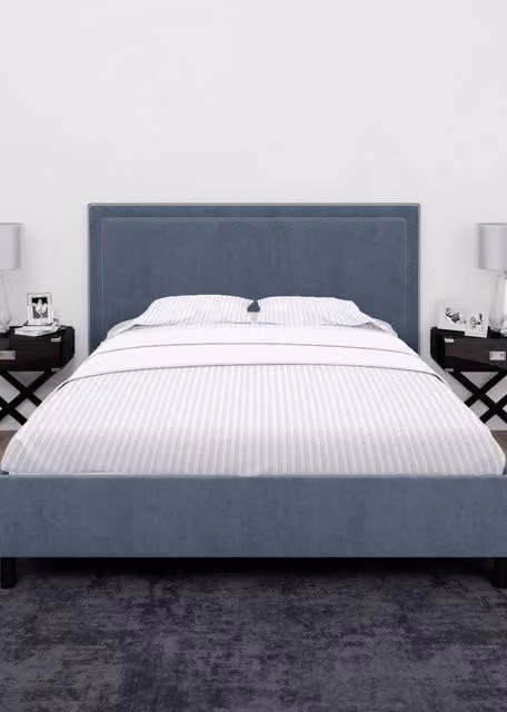Neel Blue 300TC Cotton Mako Satin Striped Fitted Sheet, White and Blue, W/D/H: 180 x 200 x 30 cm – 1