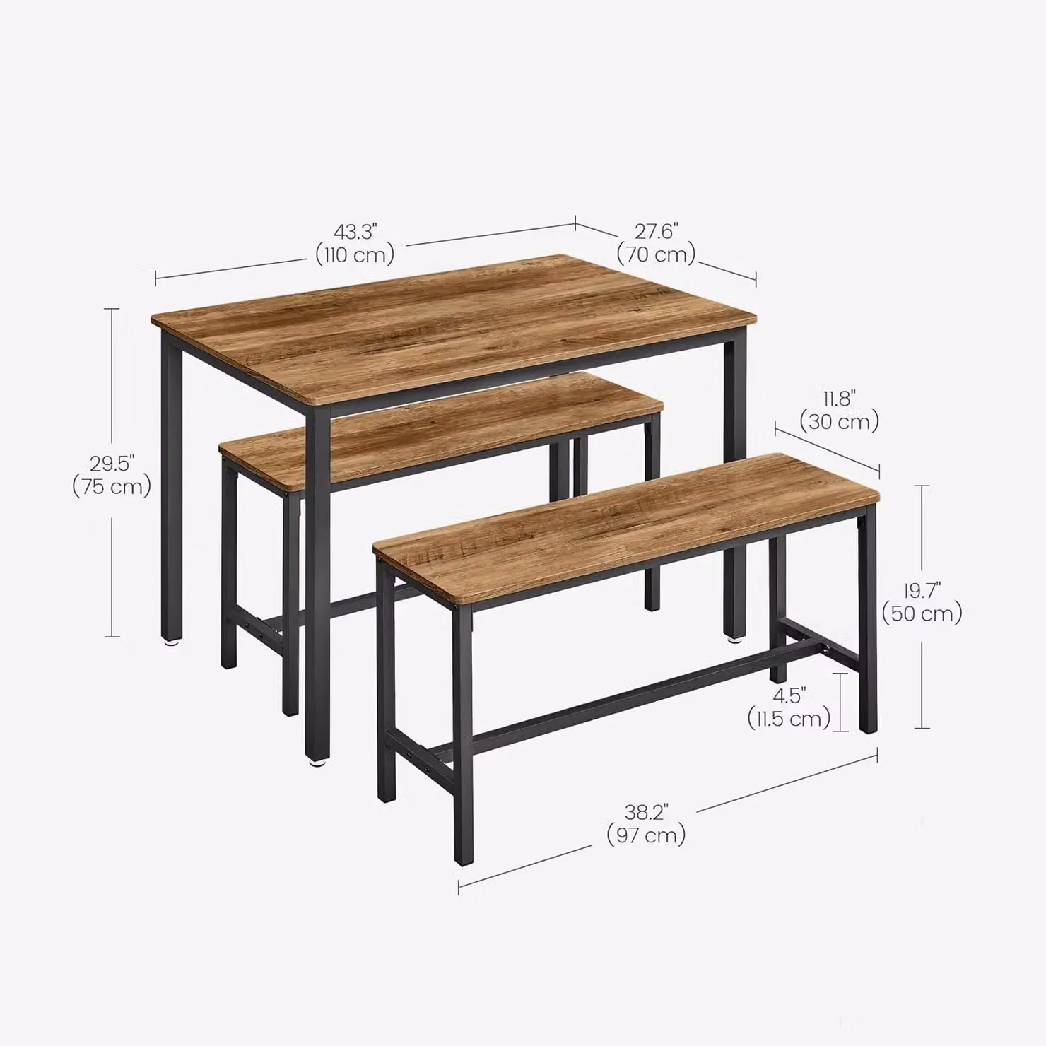 VASAGLE 3 Piece Industrial Style Dining Table and Benches Set in Brown – 3
