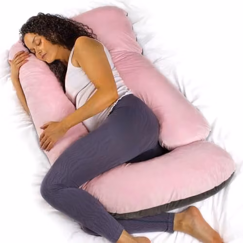 Aamira J Shaped Pregnancy Pillow in Pink and Grey Velvet with Shredded Memory Foam, W/D/H: 140 x 70 x 20 cm – 1