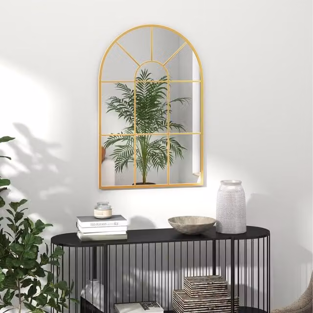 HOMCOM Modern Arched Window Wall Mirror in Gold