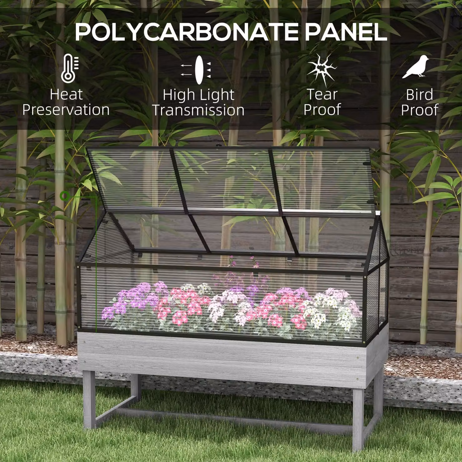 OUTSUNNY Raised Garden Bed with Polycarbonate Panel, Distressed Grey, W/D/H: 120 x 103 x 60 cm – 3