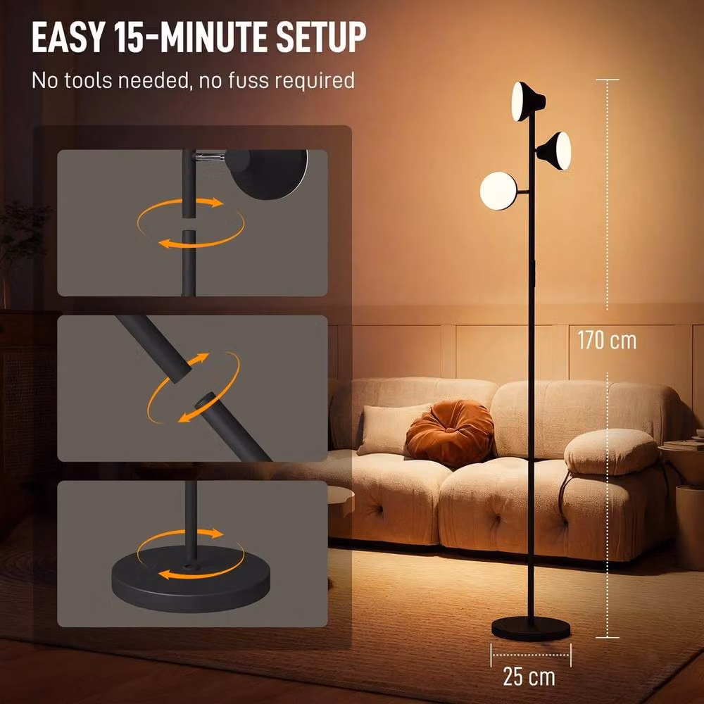 Nordara RGB LED Floor Lamp in Black with 3 Rotating Heads, Dimmable and Remote Controlled – 6