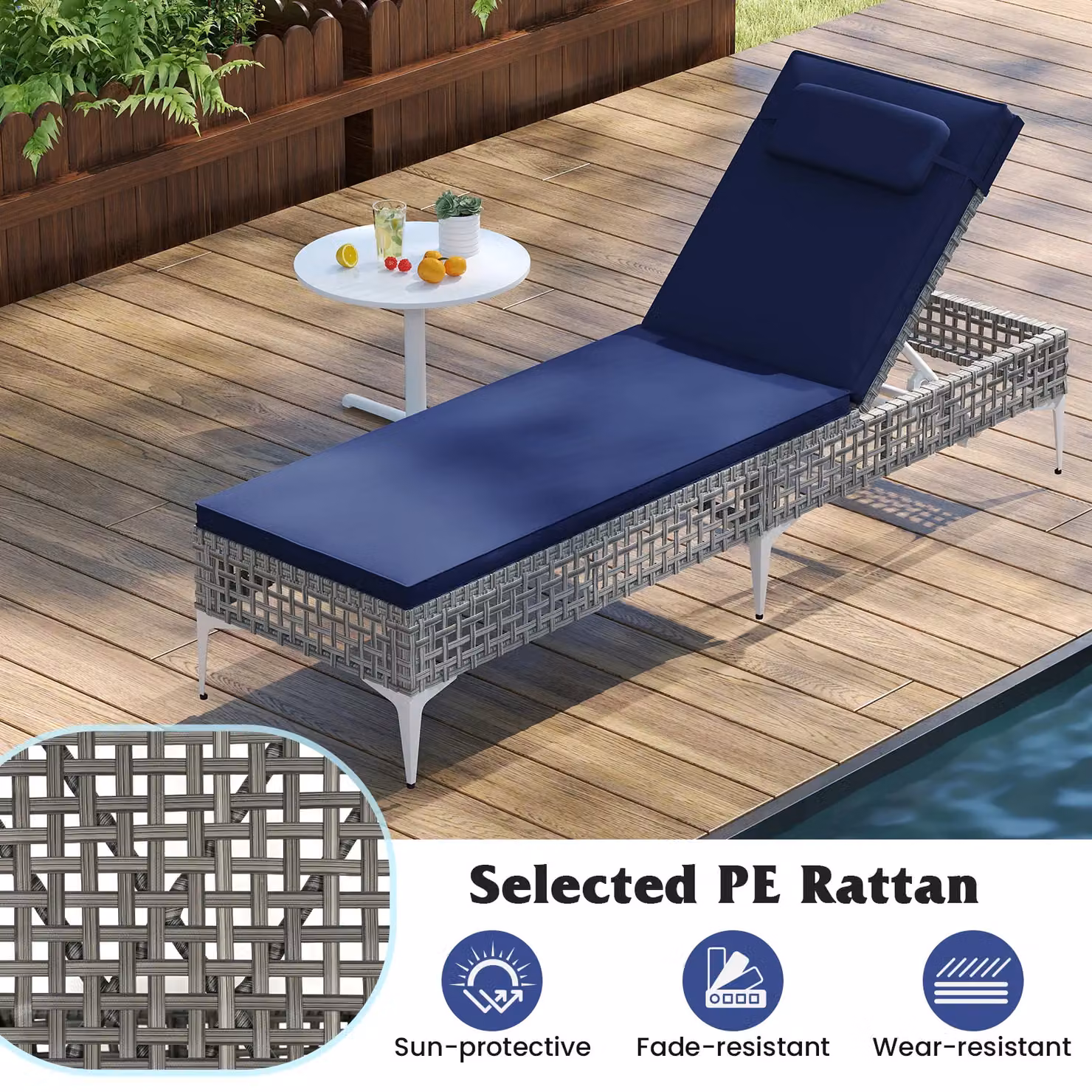Costway Navy Blue Rattan Sun Lounger with 6-Level Adjustable Headrest – 8