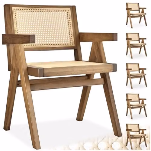 tectake Set of 6 Mid-Century Modern Dining Chairs with Solid Wood Frame and Viennese Wickerwork in Light Brown – 1