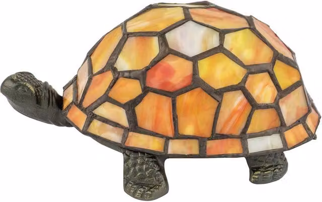 Happy Homewares Tiffany Tortoise Table Lamp in Orange, Amber and Bronze Stained Glass