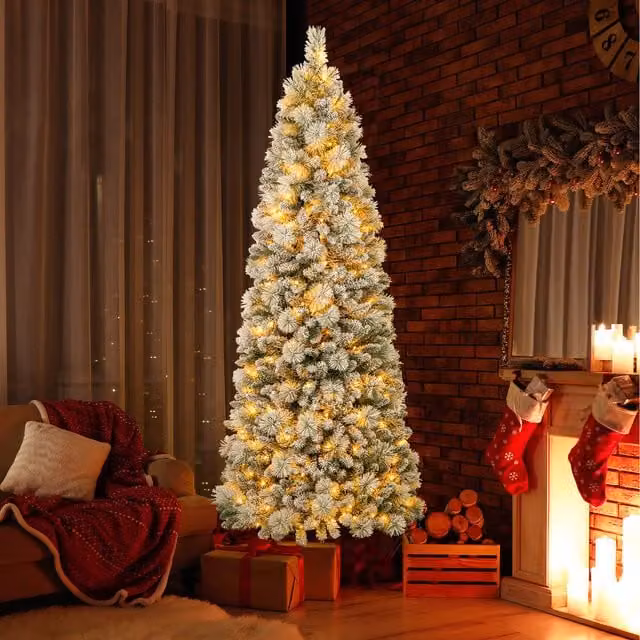 COSTWAY Pre-Lit Snow Flocked Christmas Tree with Warm White LED Lights in White