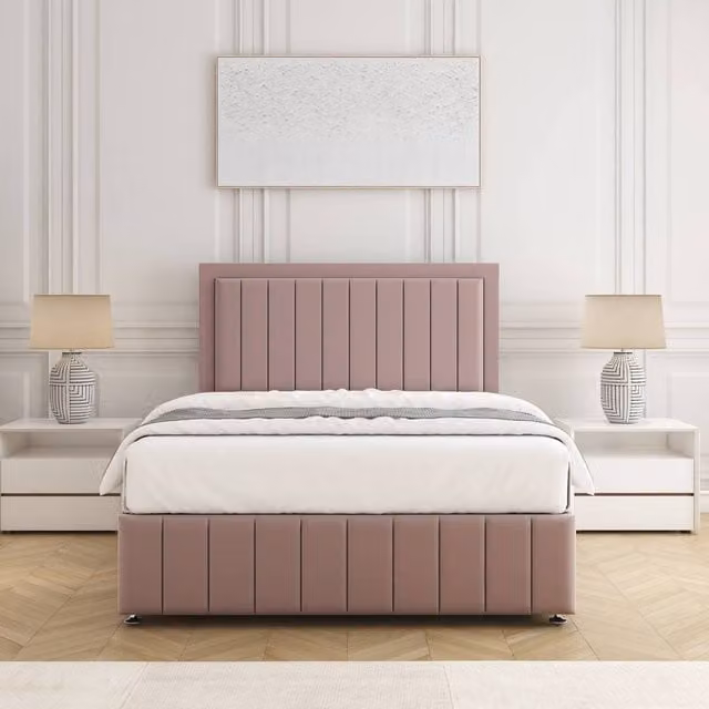 BSSPOKE Sophia Double Divan Bed Set with 54 inch Headboard and Mattress in Pink Plush Velvet, W/D/H: 140 x 200 cm