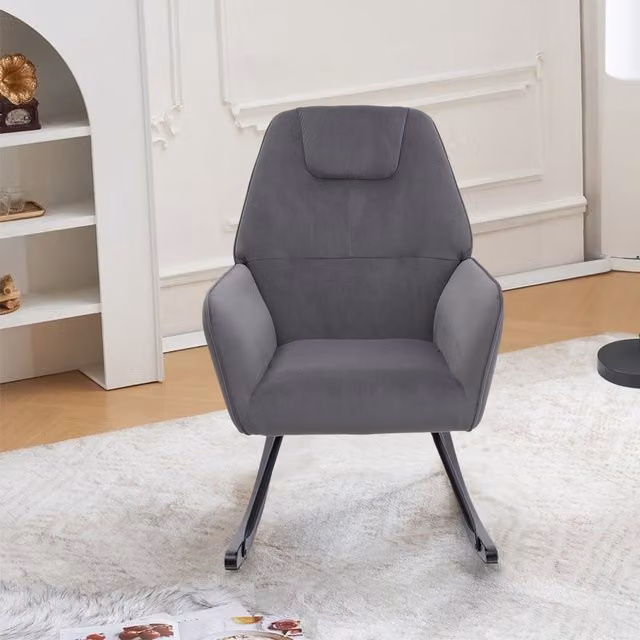 Livingandhome Modern Velvet Nursery Rocking Chair with Armrests in Grey
