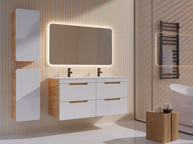 Vente-unique Suspended Bathroom Vanity Unit with Inset Ceramic Basin and Two Columns in Light Oak, W/D/H: 120 x 60 x 46 cm