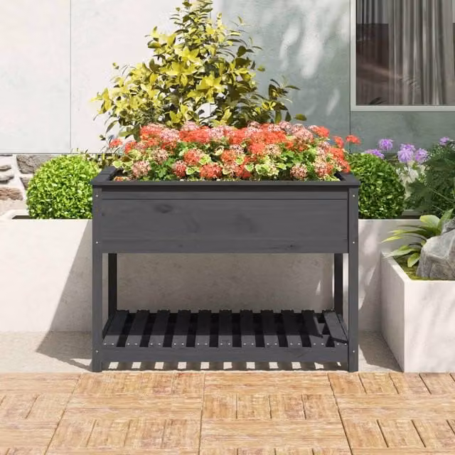 Berkfield Home Grey Solid Wood Pine Planter with Shelf, W/D/H: 111.5 x 111.5 x 81 cm