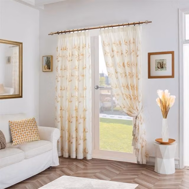 Luxury Living Gold Leaf Embroidered Tulle Voile Pencil Pleat Curtains, Width: 229 cm, Drop: 229 cm