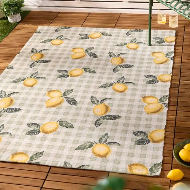 Furn Fruits Lemons Striped Outdoor Rug in Sage Green and Multicolour, W: 120 cm, L: 170 cm