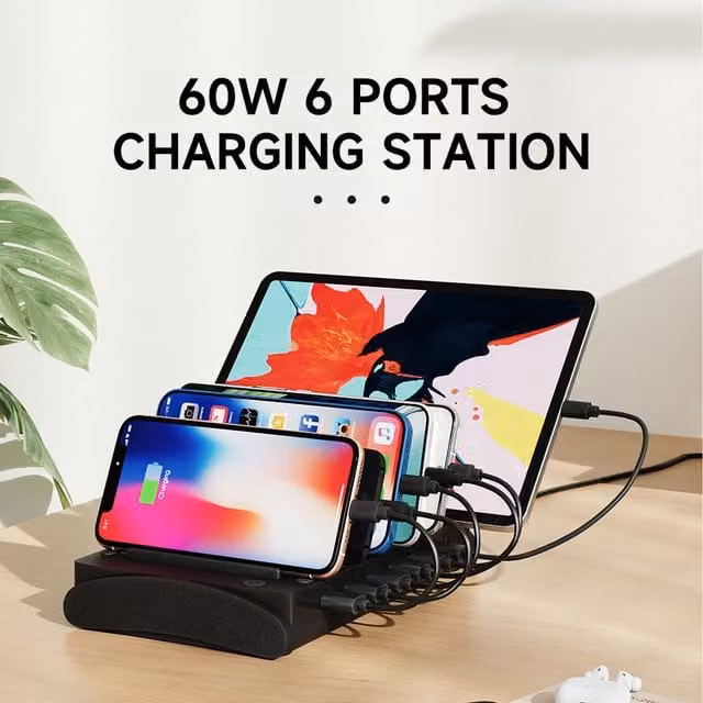 Livingandhome 60W 6 Port USB Charging Station with 6 Cables, Black
