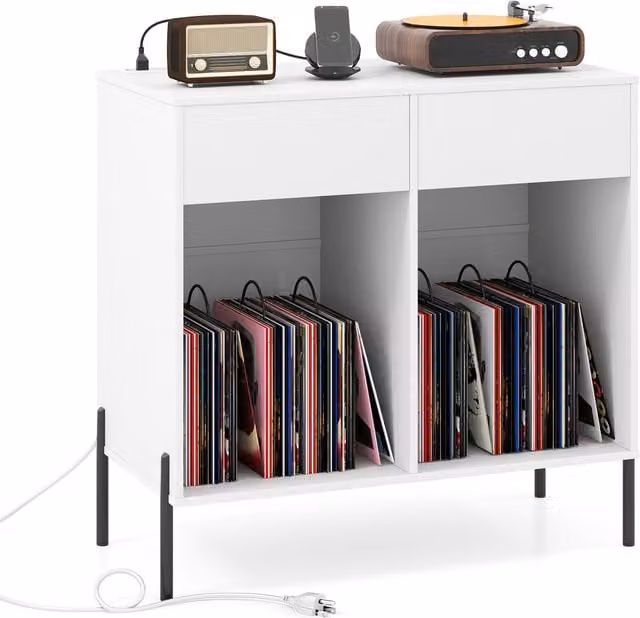 COSTWAY Double Wide Modern Turntable Stand in White MDF