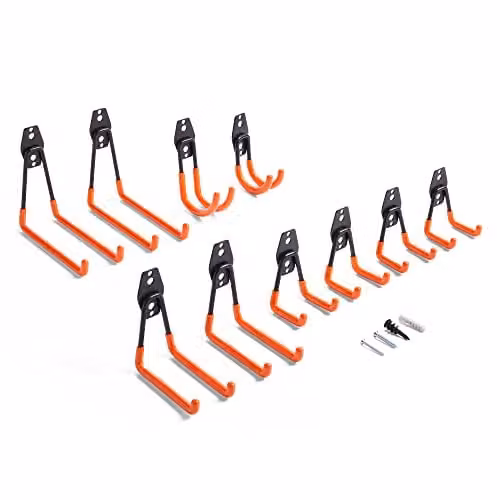 VonHaus Wall Mounted Garage Tool Hooks in Black and Orange, Pack of 10 Steel Hooks