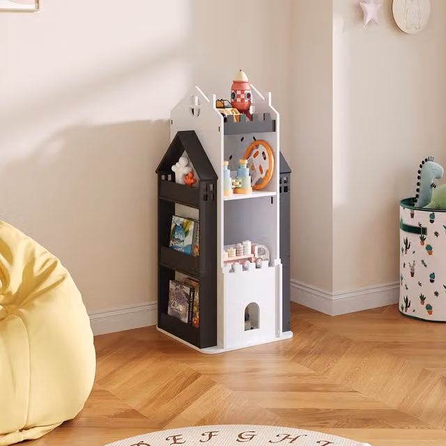 Livingandhome 4-Tier Castle Rotating Bookshelf for Children in Black