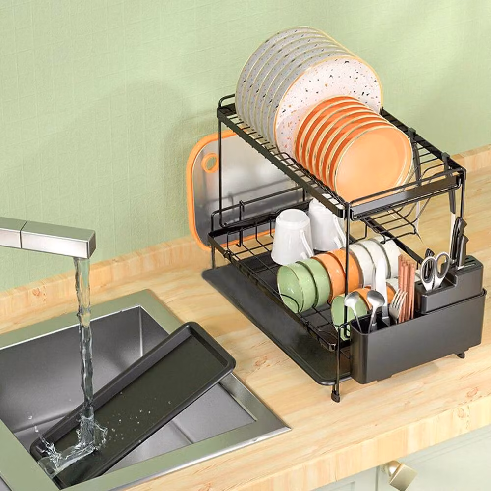 Kelvenix 2 Tier Black Draining Dish Rack with Drip Tray – 3