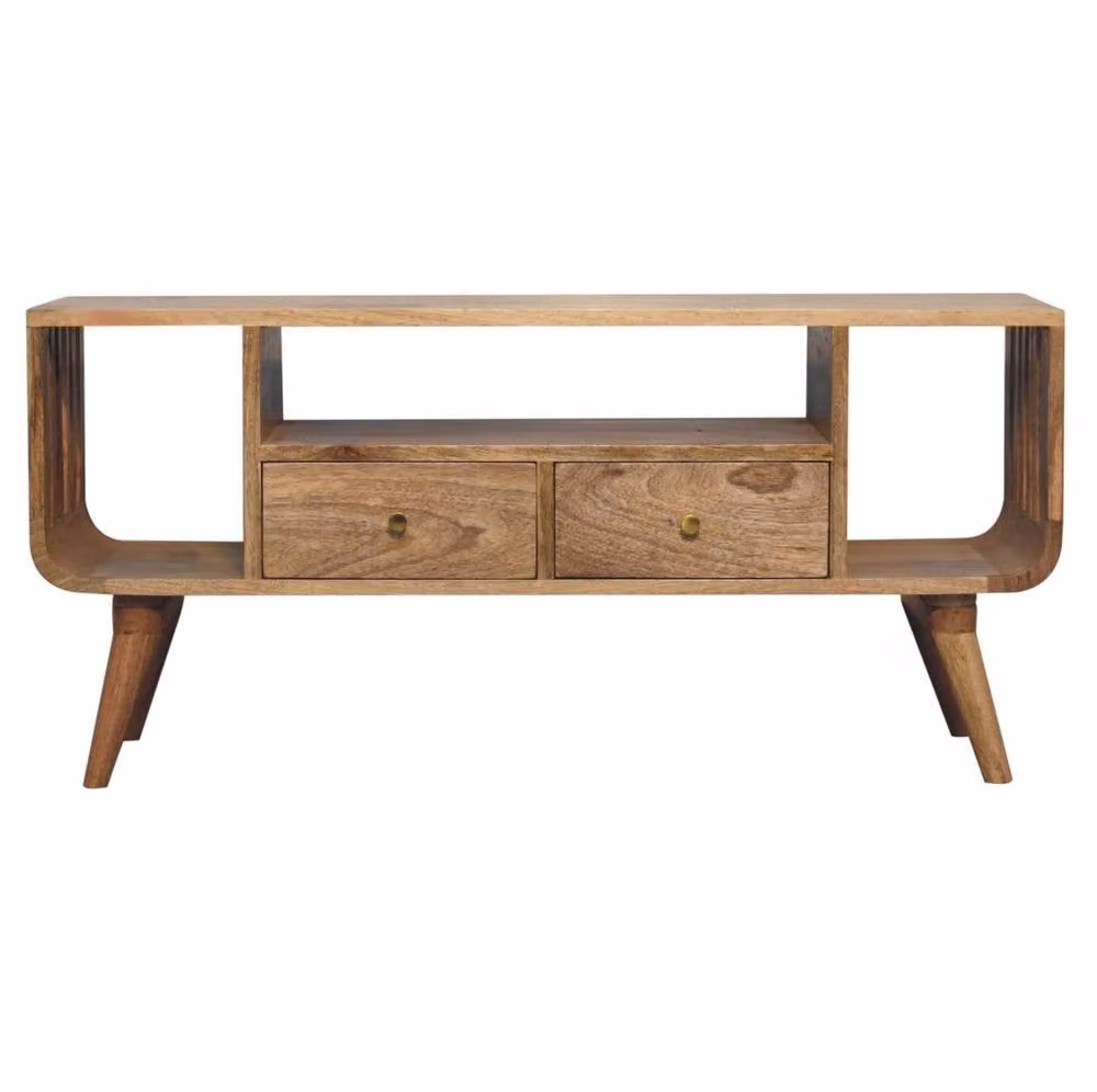STILVORA Modern Beige Wood Media Unit with 2 Drawers and 3 Open Shelves – 2