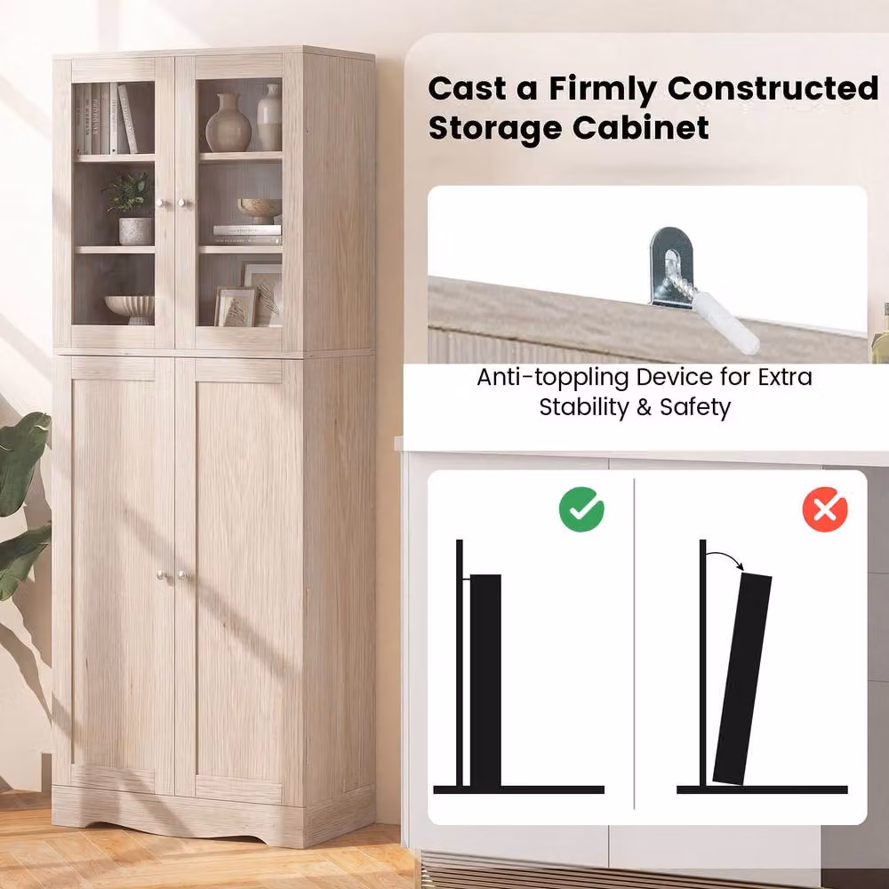 Costway Natural Kitchen Pantry Storage Cabinet with Glass Doors and Internal Shelves – 4