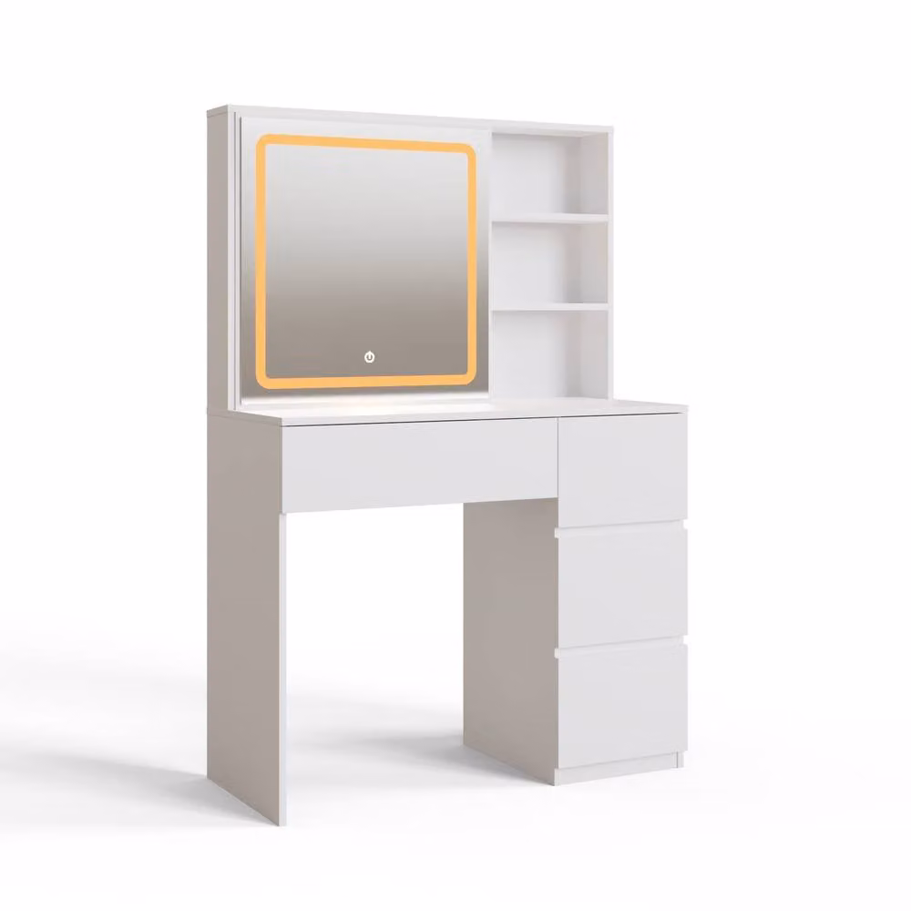 GFW Maeve White Sliding Mirror Dressing Table with LED Hollywood Mirror and Hidden Storage, W/D/H: 135.1 x 40.0 x 90.0 cm – 2