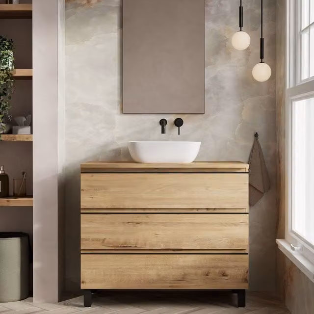 Banyetti Vatilla Floorstanding Vanity with Matching Worktop in Ostippo Oak Light Oak, W: 100 cm, H: 45 cm, D: 45 cm – 1