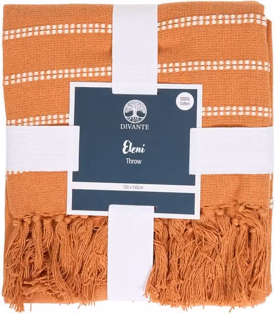 Divante Striped Cotton Throw with Fringes in Orange