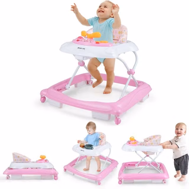 Costway Pink Push Along Baby Walker with Sensory and Motor Activities