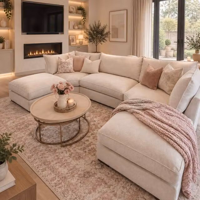 Home & Love Bishop U Shape Cinema Fixedback Corner Sofa in Naples Cream with Matching Ottoman and Scatter Cushions – 1