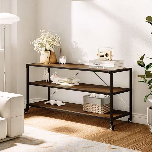 Livingandhome 3-Tier Industrial Wood and Metal Mobile Storage Rack in Brown
