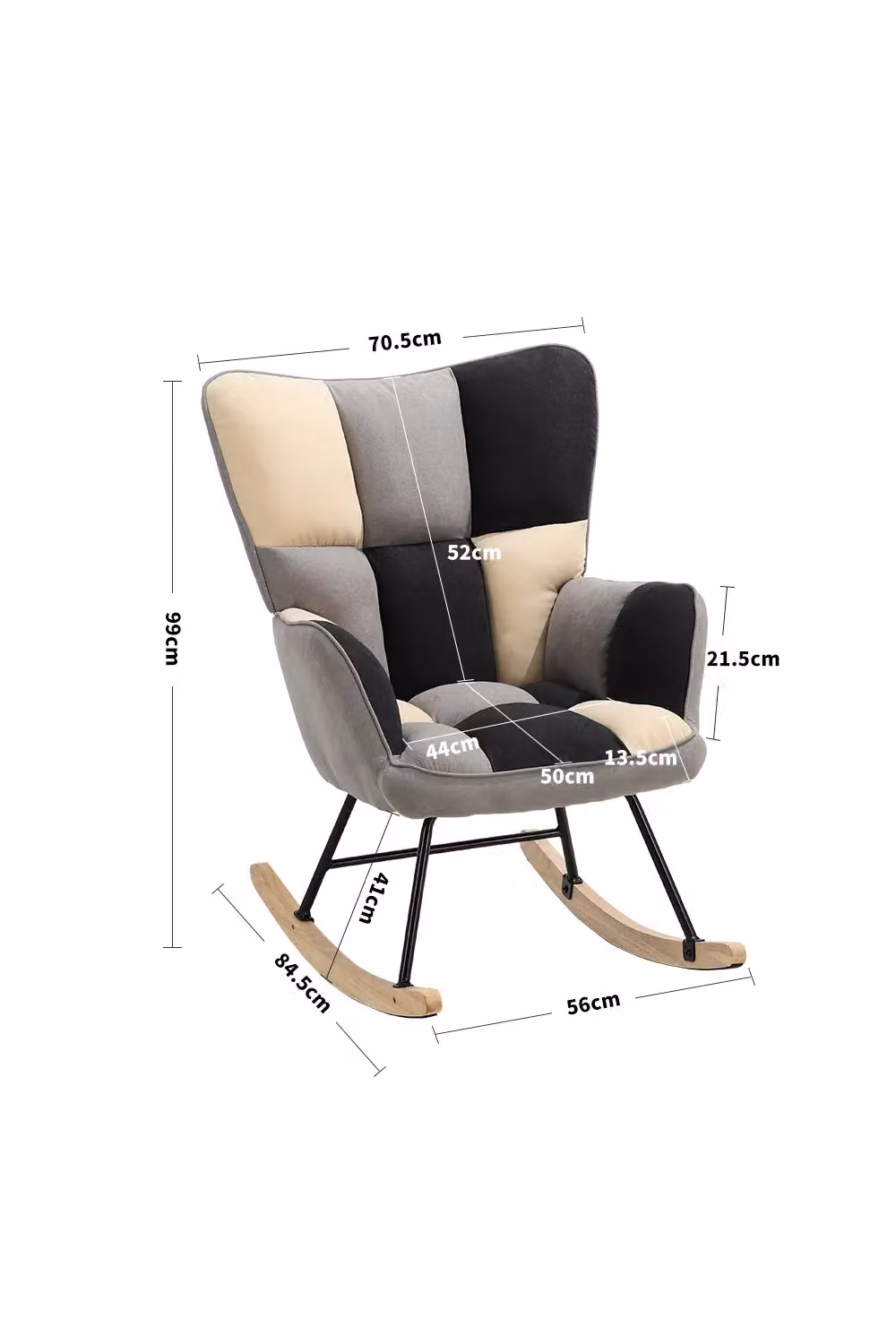 Living and Home Checked Linen Patchwork Rocking Chair in Beige, Grey and Black – 2