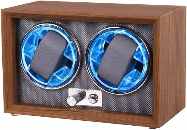 EONLION 2 Slot LED Light Watch Winder with Flexible Watch Pillows and 4 Rotation Modes in Brown – 1