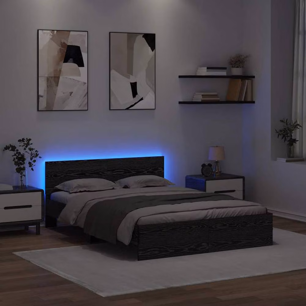 Berkfield Home Modern Bed Frame with Headboard and Under-Bed Lighting in Black Oak, W/D/H: 160 x 200 cm, Engineered Wood – 3
