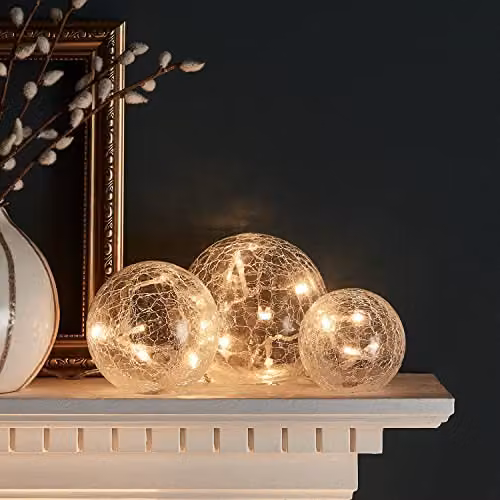 Lights4fun Set of 3 Crackled Glass Fairy Light Orbs, Transparent, W/D/H: 12 x 12 x 12 cm – 4