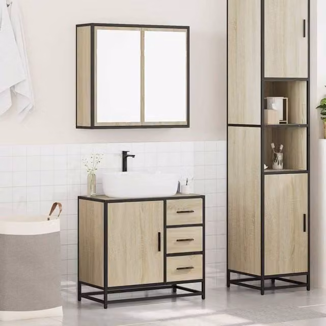 Berkfield Home 2 Piece Industrial Bathroom Furniture Set in Sonoma Oak and Beige, including Mirror Cabinet and Vanity Unit