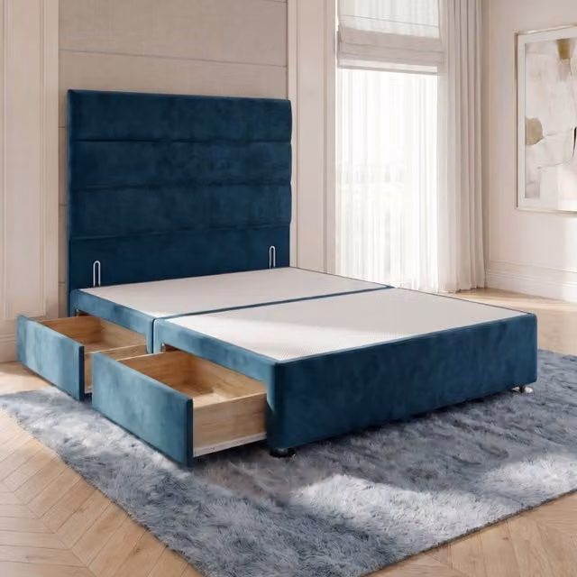 Horizona Velvet Divan Bed Base with 54 inch Floor Standing Headboard and Drawers, Blue, W/D/H: 90 x 190 x 34.5 cm
