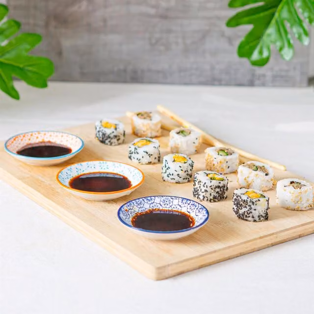 Nicola Spring Hand-Printed Floral Sauce Dishes, Pack of 6, Blue and Orange, Diameter: 10 cm