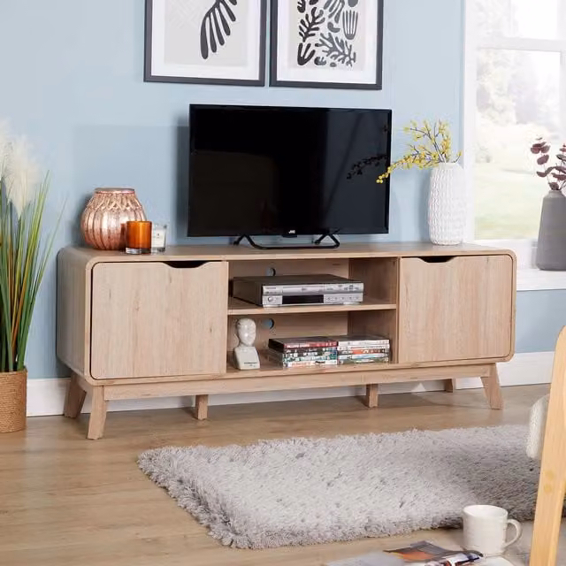 Home Source Nordica 2 Door TV Stand Media Unit with Curved Frame in Light Oak Effect
