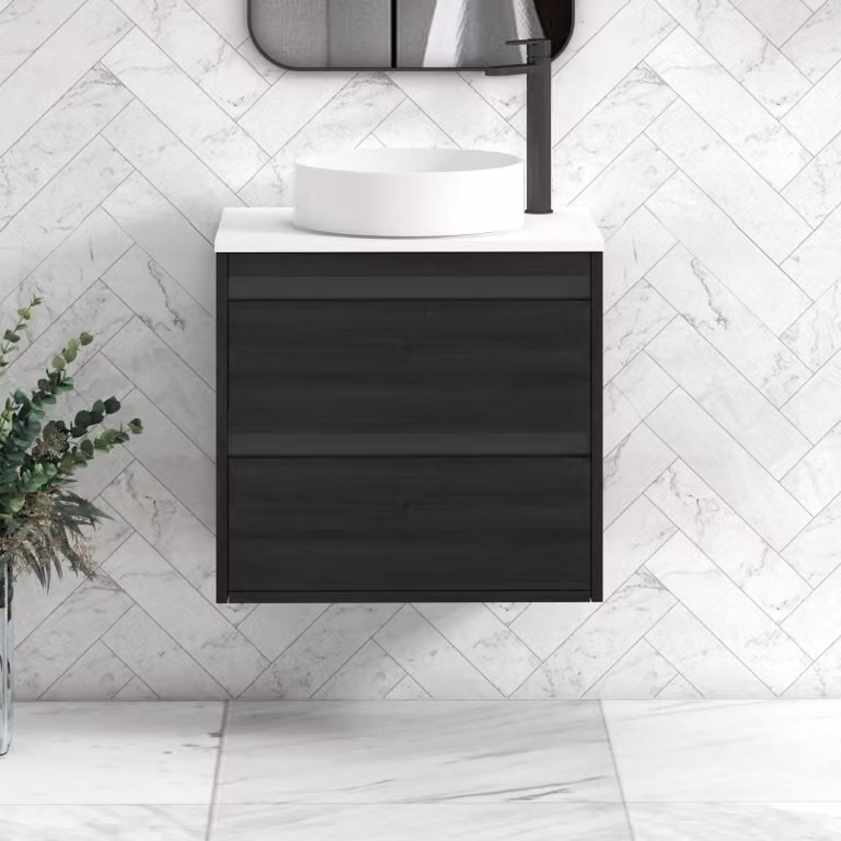 Royal Bathrooms Orion 600mm Hale Wall Hung Vanity Unit in White with Black Accent Trim and Art Basin