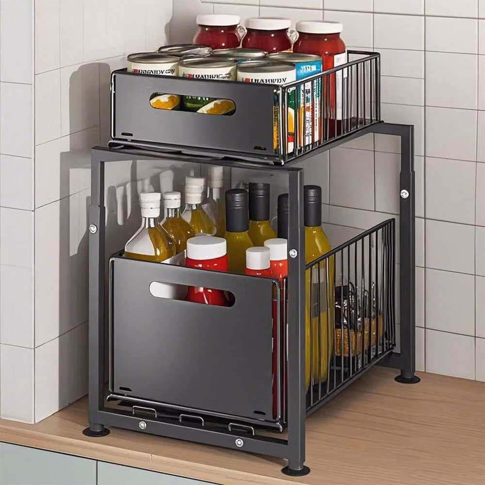 SPETLEK 2 Tier L-Shape Under Sink Storage Rack in Black Matt Metal – 2
