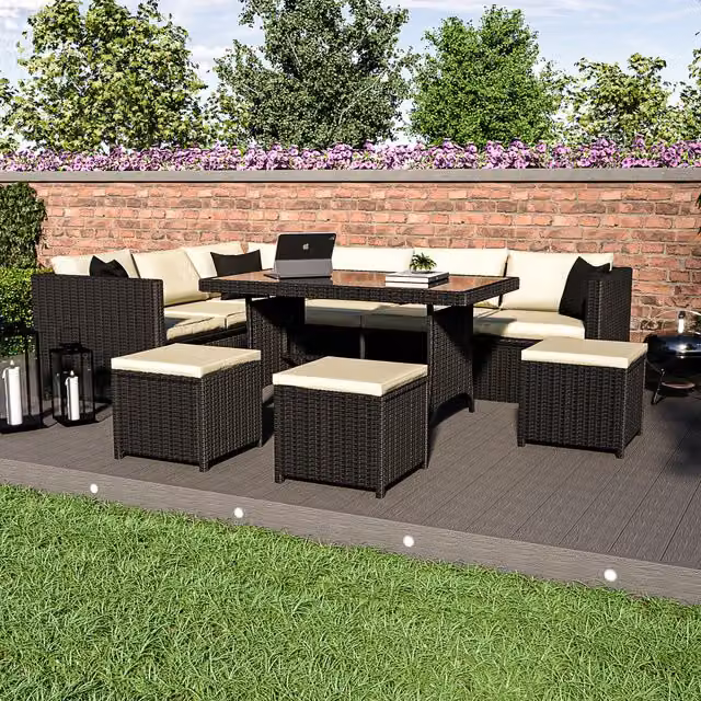 Vida Designs Belgrave 9 Seater Modern Rattan Dining Set with Glass Top in Black