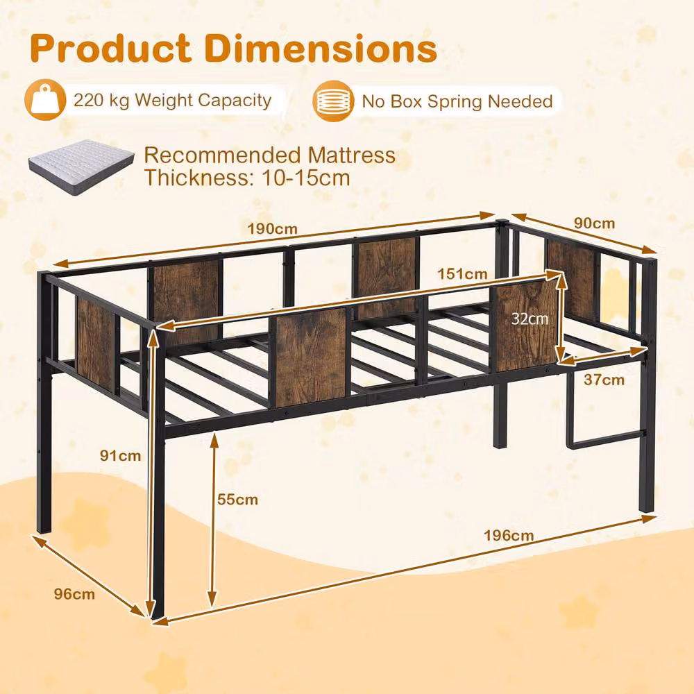 Costway Single Kids Low Loft Bed with Ladder and Guardrail in Brown Metal – 2