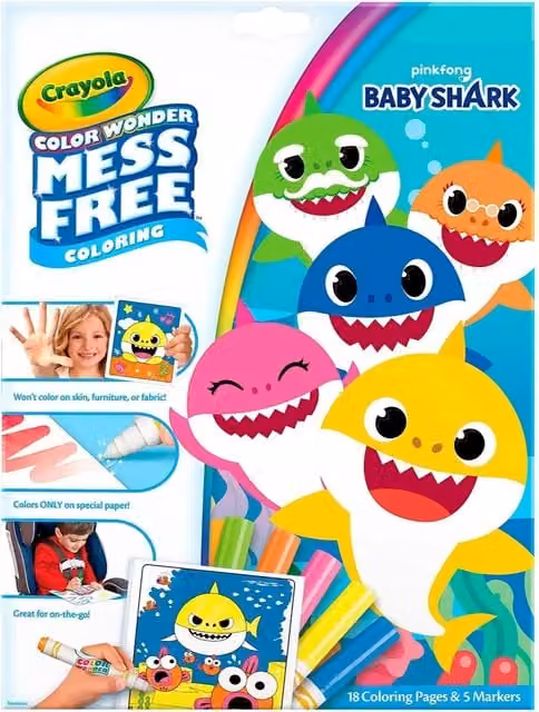 Crayola Baby Shark Colour Wonder A4 Colouring Pages and Markers Gift Set for Children, Multicolour
