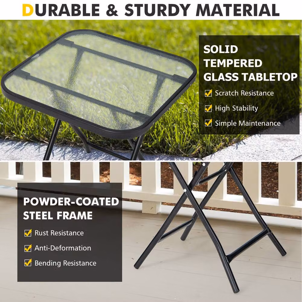 Costway Folding Square Patio Bistro Table with Black Tempered Glass Tabletop – 4